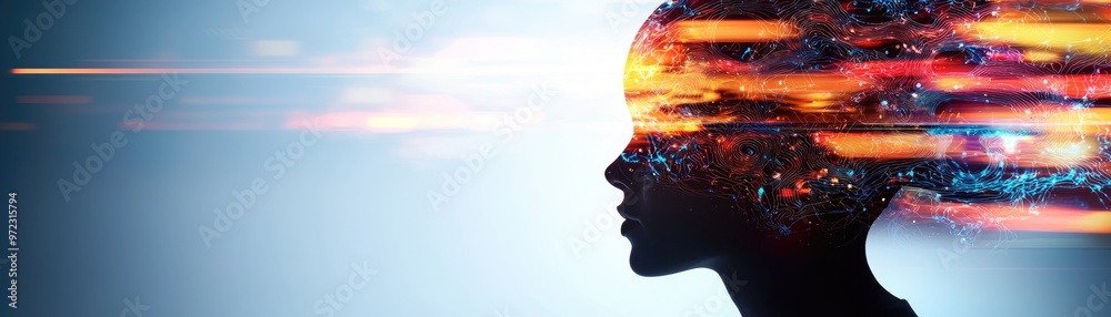 Human head filled with colorful swirling ideas, symbols of business and ...