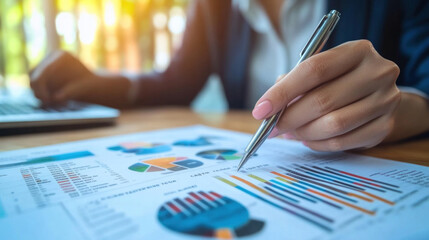 Poster - A woman is writing on a piece of paper with a pen. She is focused on the task at hand, possibly working on a project or analyzing data. Concept of concentration and productivity