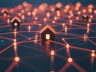 Poster - A house is shown in a network of lines, with other houses surrounding it. The house is lit up in red, giving the image a warm and cozy feeling. Scene is one of comfort and security