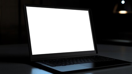 Poster - Black Laptop with Blank White Screen on a Dark Surface