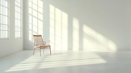 Canvas Print - Clean white room with a single wooden chair placed in the center, soft natural light filtering through large windows, creating an atmosphere of calm and simplicity, 4K hyperrealistic photo.