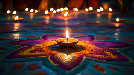 Wall Mural - Oil lamps lit on colorful rangoli during diwali celebration