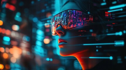 Wall Mural - A futuristic woman wearing high-tech glasses, surrounded by vibrant digital data streams.