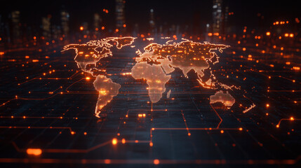 Poster - A computer generated image of a globe with a city in the background. The globe is lit up in orange and the city is lit up in blue. Concept of technology and modernity