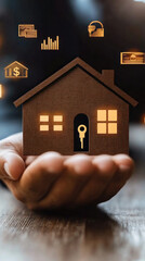 Poster - A hand holding a small house with a key in the door. The house is surrounded by various symbols, including a dollar sign, a house, and a key. Concept of a home