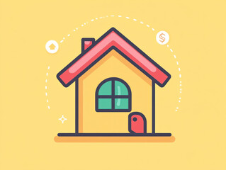 Poster - A cartoon house with a red roof and a green window. The house is surrounded by money