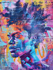 Wall Mural - Urban Expression: A vibrant and abstract mural depicting a black woman's profile, adorned with a kaleidoscope of colors and intricate details. The artwork bursts with energy and cultural significance,