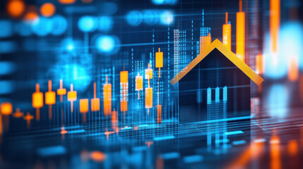 Poster - A house is shown in a digital image with a lot of numbers and graphs surrounding it. The house is small and he is in a city. Concept of complexity and the idea of a bustling urban environment