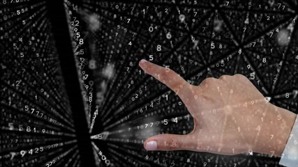 Poster - Pointing finger over digital matrix of numbers and connections, data processing concept