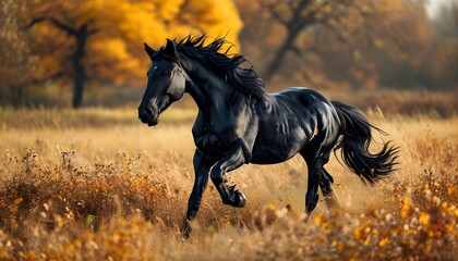 Wall Mural - Majestic Black Horse Galloping Through Golden Autumn Landscape