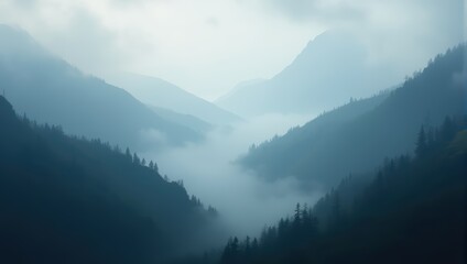 Naklejka na meble Misty Mountain Landscape with Silhouettes of Trees