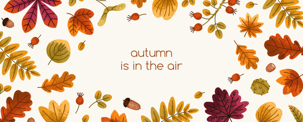 Fototapete - Fall background, leaf framed banner design. Autumn card with leaves, forest foliage, botanical elements pattern. Seasonal backdrop template with floral natural pattern. Flat vector illustration