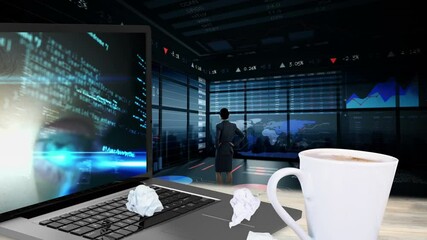 Poster - Computer code and eye animation over businesswoman analyzing financial data in office