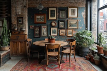 Cozy dining area with vintage decor and plants.