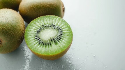 Wall Mural - A ripe kiwi halved to show its vibrant green flesh, placed next to whole kiwis on a pristine white surface.