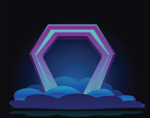 Poster - Glowing neon hexagon portal is emerging from blue clouds over water