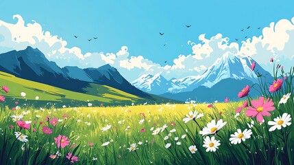 Wall Mural - Beautiful Mountain Meadow with Wildflowers and Blue Sky