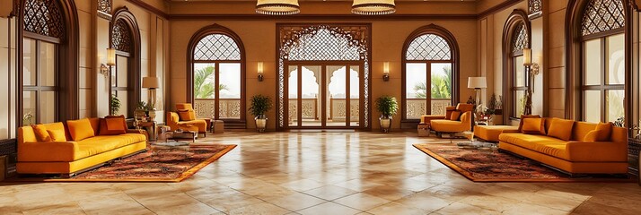 Wall Mural - Richly decorated Indian office lobby featuring saffron sofas and ornate sandstone flooring.