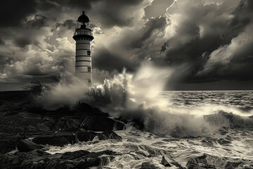 lighthouse is in the middle of a stormy sea