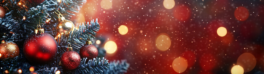 Fototapete -  A Christmas tree decorated with colorful ornaments on a dark red background with bokeh lights
