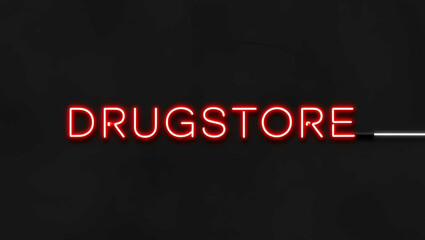 Drugstore red neon lettering on plain black dark background