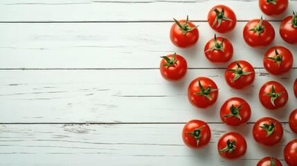 Wall Mural - Bright and fresh cherry tomatoes on a white wooden table, captured from above to highlight their rich color and natural appeal