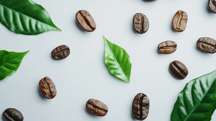 Brown roasted coffee beans and green leaves artfully displayed on a white background, emphasizing freshness and quality