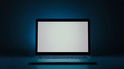 Poster - A Laptop with a Blank Screen in a Dark Room Lit by a Blue Light