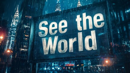 See the World Sign in Rainy City at Night