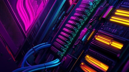 Poster - Closeup of a Neon-Lit Motherboard with Cables and Components