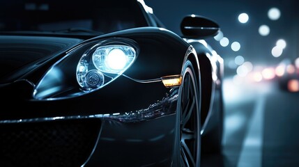 Close-up of a luxury sports car's headlamp at night, illuminating the road ahead with a powerful, sleek design