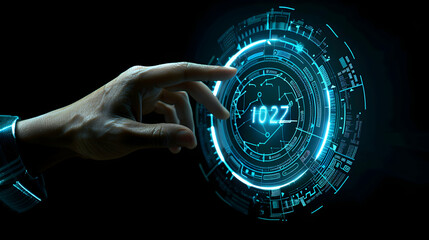 Poster - Man hand toching the 2024 abstract cyberpunk technology interface by poinitng finger on isolated black background with copy space. Happy New Year 2023 to 2024 concept. Innovation and hitech theme