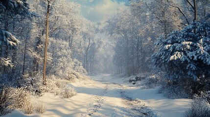 Canvas Print - Walking through a snow-covered forest near home, with tall, frosty trees and the distant sound of a stream. 4K hyperrealistic photo.