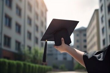 Close-Up of Graduate Holding Graduation Cap in Hand with Blurred Background