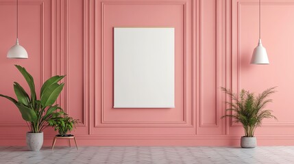 Wall Mural - Blank Canvas Mockup in a Pink Room with Plants and Lamps