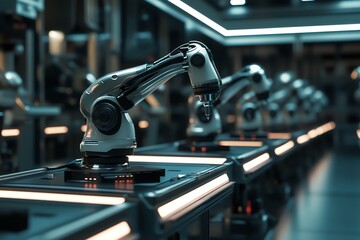 Poster - Industrial Robotic Arm with Drill Bit on Manufacturing Line