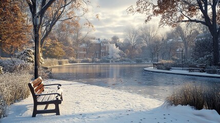 Poster - Strolling along a frozen pond in a quiet neighborhood, with snow-covered benches and a peaceful winter atmosphere. 4K hyperrealistic photo.