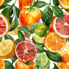 Wall Mural - Watercolor pattern mix fruit, and leaves for vibrant and summery design