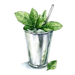 Canvas Print - Watercolor Illustration of a Mint Julep Cocktail in a Silver Cup.