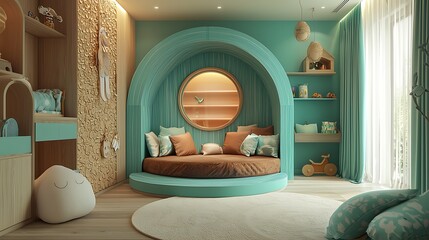 Wall Mural - A child's room in 3D render, cozy and inviting with turquoise walls and a brown seating area.