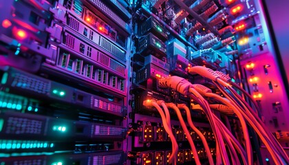 Poster - A server rack with glowing lights and cables in a dark server room