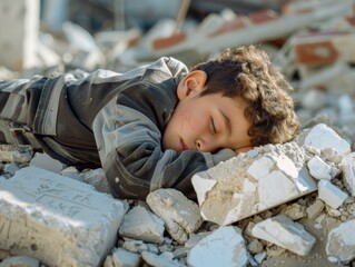 Poster - A young boy sleeps amidst rubble. AI.