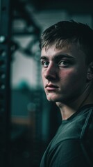 Wall Mural - A young man with a serious expression looks off to the side. AI.