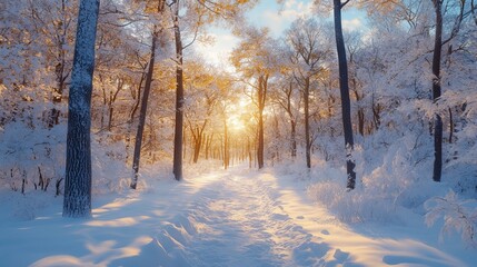 Sticker - Snow-covered hiking trail winding through a forest, with tall, bare trees and a bright, clear sky. 4K hyperrealistic photo.