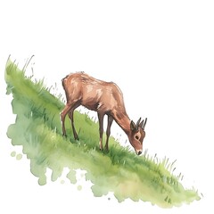 Wall Mural - Watercolor Illustration of a Brown Deer Grazing in a Green Meadow.