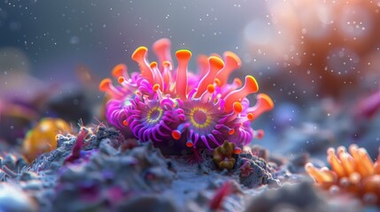 A close-up of vibrant coral polyps with intricate details. AI.