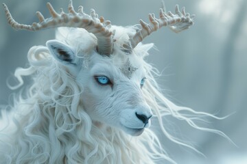 Wall Mural - A white animal with large antlers and blue eyes. AI.