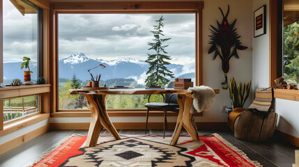 Poster - Northwest Desk: A cozy and modern workspace adorned with indigenous art and a stunning view of the Cascade Range, showcasing the unique beauty of the Northwestern United States