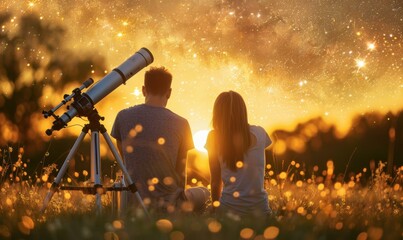 Wall Mural - A couple gazes at the stars through a telescope. AI.