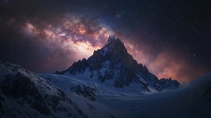 Milky Way Over Snowy Mountain Peak at Night